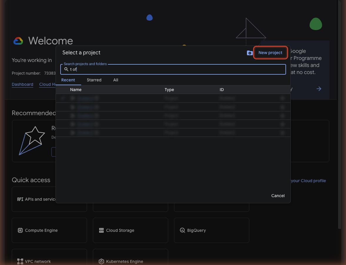 Project picker dialog with the NEW PROJECT button in the top-right