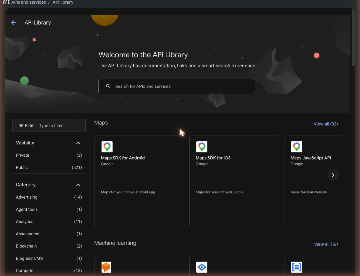 API Library page with the search bar at the top of the page