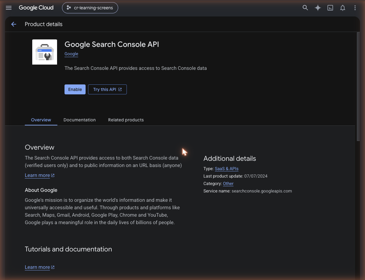 Google Search Console API detail page with the ENABLE button