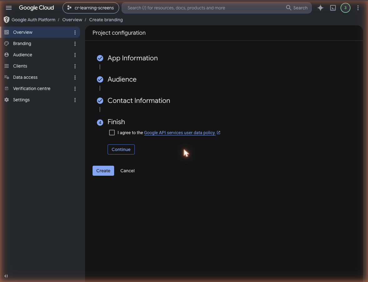 Finish step with the I agree to the Google API services user data policy checkbox and the Create button visible